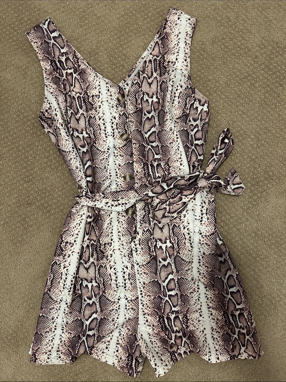Sleeveless Snakeskin Print Button-Front Romper in Taupe & Ivory